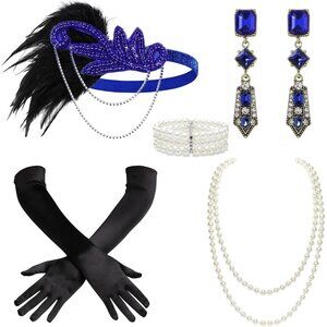1920s Flapper Accessories Set Costume Headband Necklace Gloves Pearl